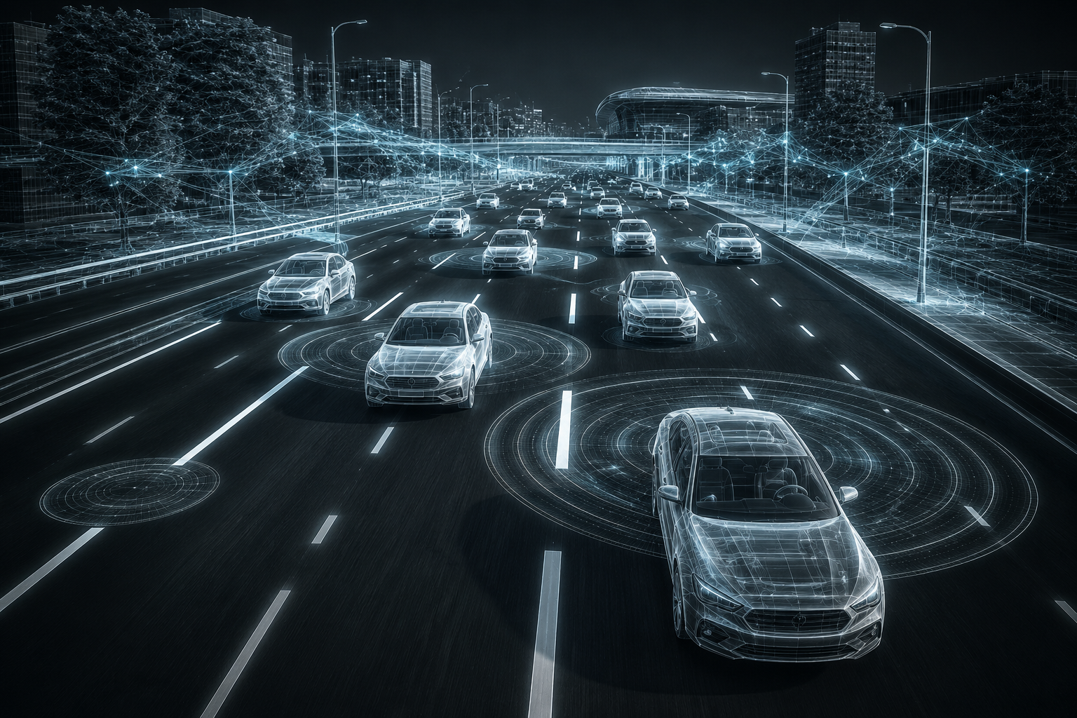 Highway with cars tracked by AI sensor rings and rising analytics bars
