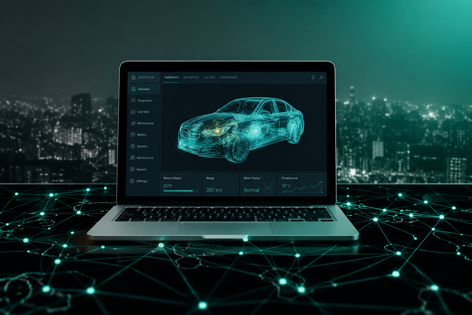 Holographic wireframe car above a laptop on a data grid
