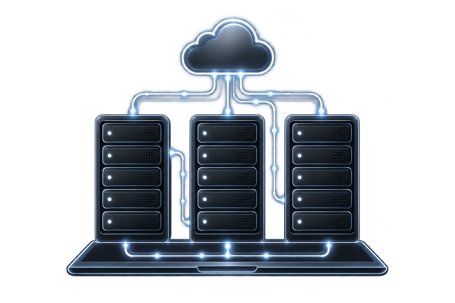 Server racks connected to a cloud and laptop